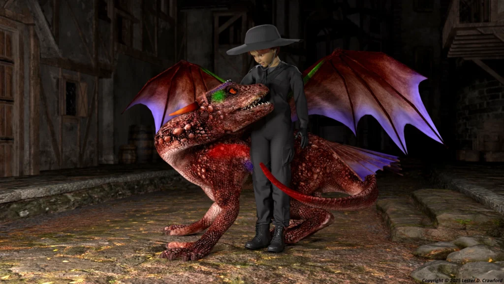 Standing on a night-time medieval street, a girl dressed in dark gray pants, shirt, boots, gloves, and broad-brimmed hat is standing with a young dragon only half her height, wings spread, tail and neck bent around the girl, as he looks up at her with a dragon smile and the girl smiles at him. The dragon has red, green, and blue highlights on his head and torso. The end of his tail is red. The trailing edges of his primary and tail wings are blue.