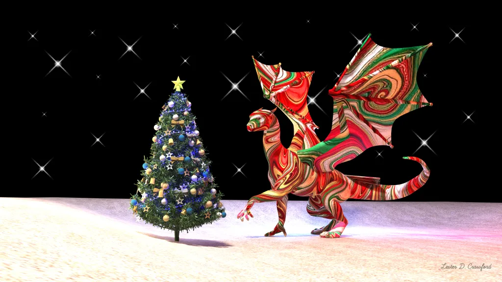 A dragon, his wings spread, colored in swirls of red and green and silver and gold tentatively reaches toward a Christmas tree decorated with baubles, stars, bells, and lights, with a golden star on top