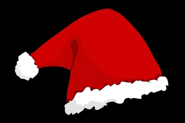 classic red Santa hat with a fluffy white trim and pom-pom, set against a stark black background